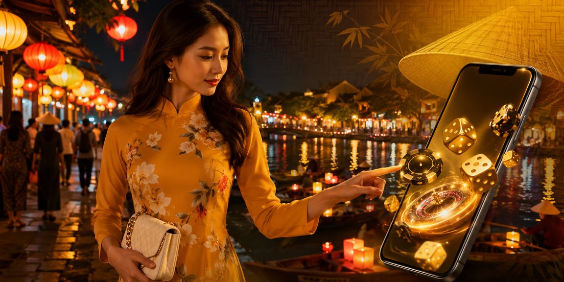 Cô gái đội nón lá tại Hội An trải nghiệm giải trí trực tuyến trên điện thoại